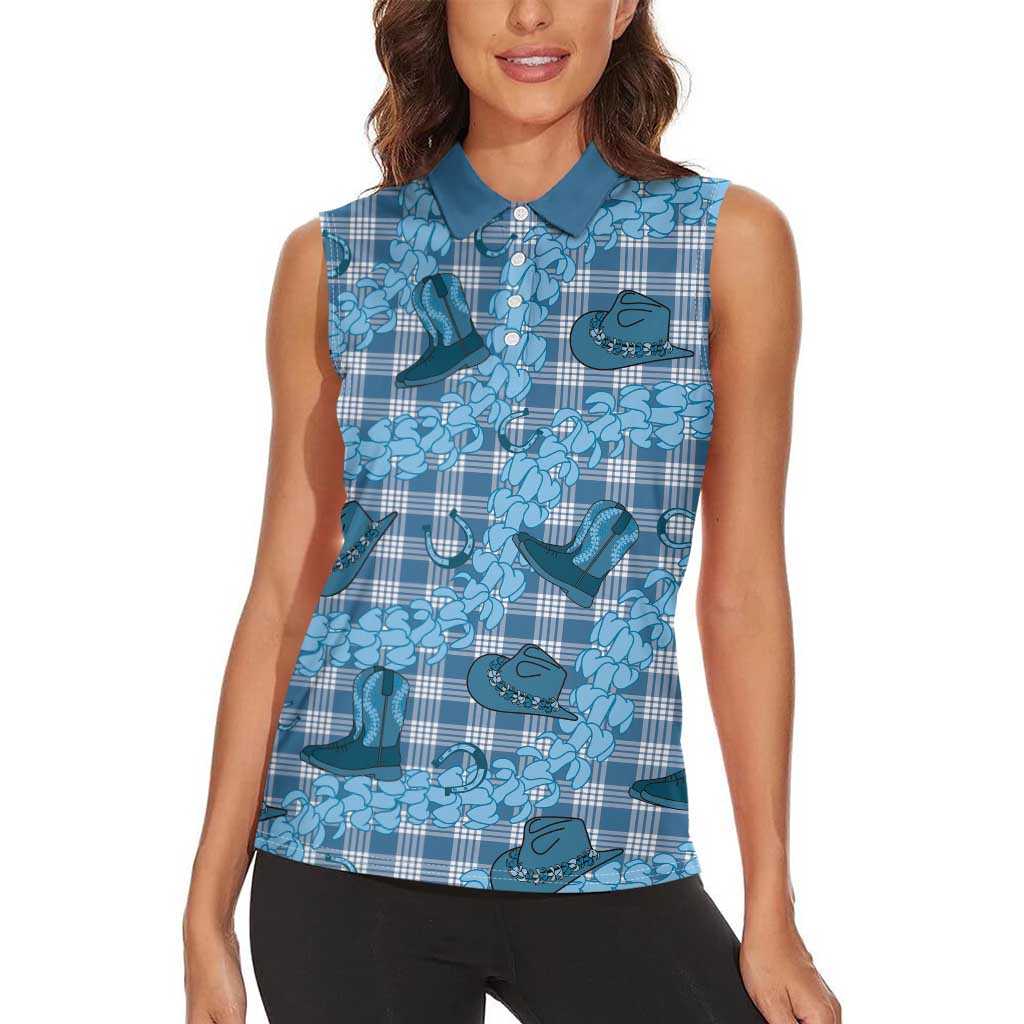 Cyan Palaka Hawaii Cowboy Women Sleeveless Polo Shirt Puakenikeni Lei Paniolo Papale Seamless Vibes LT14 - Polynesian Pride