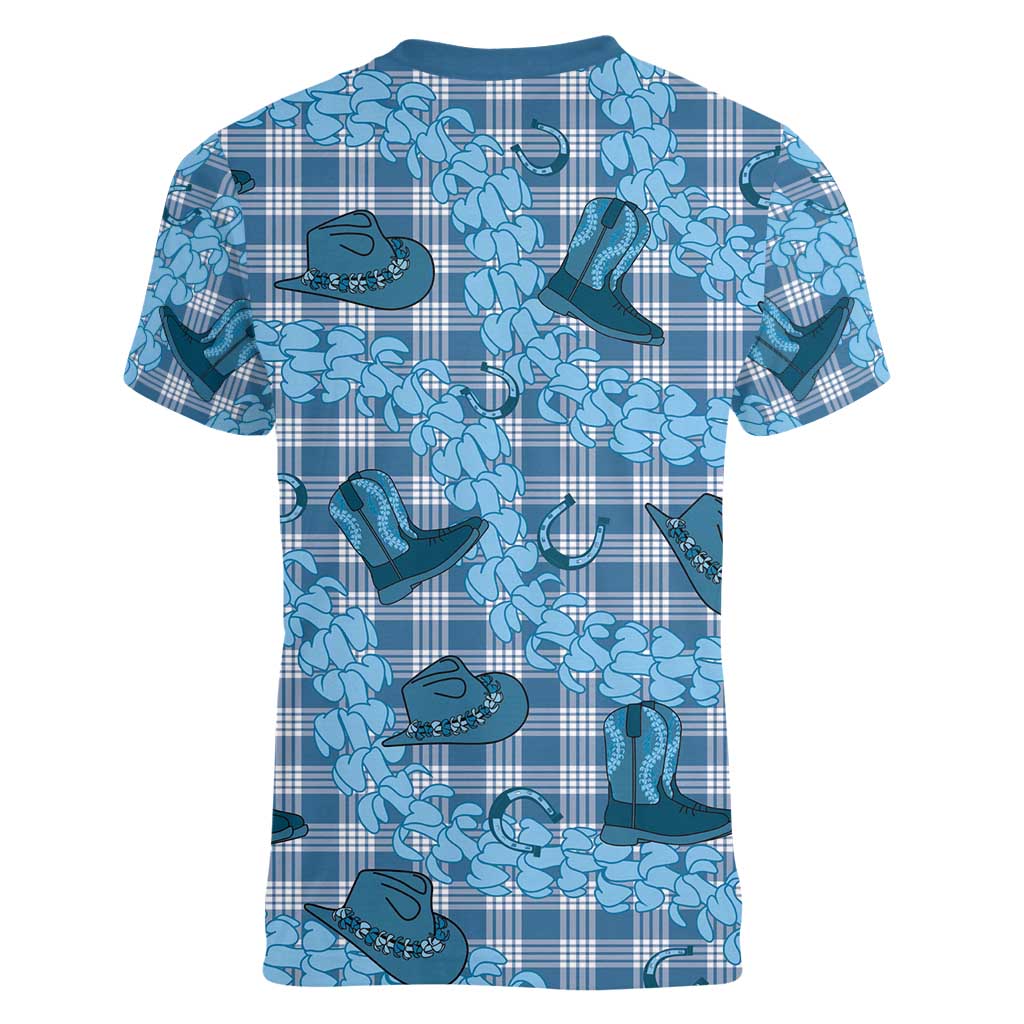 Cyan Palaka Hawaii Cowboy Women V-Neck T-Shirt Puakenikeni Lei Paniolo Papale Seamless Vibes LT14 - Polynesian Pride