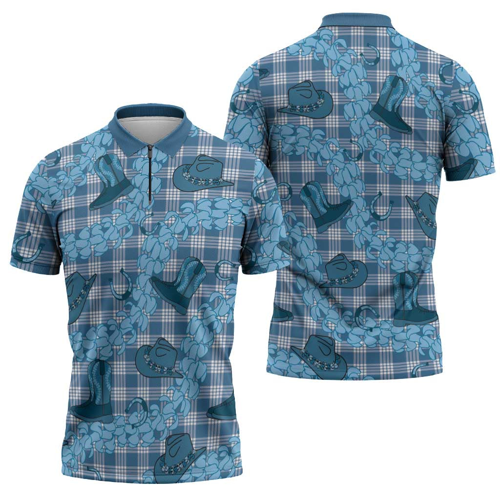 Cyan Palaka Hawaii Cowboy Zipper Polo Shirt Puakenikeni Lei Paniolo Papale Seamless Vibes LT14 - Polynesian Pride