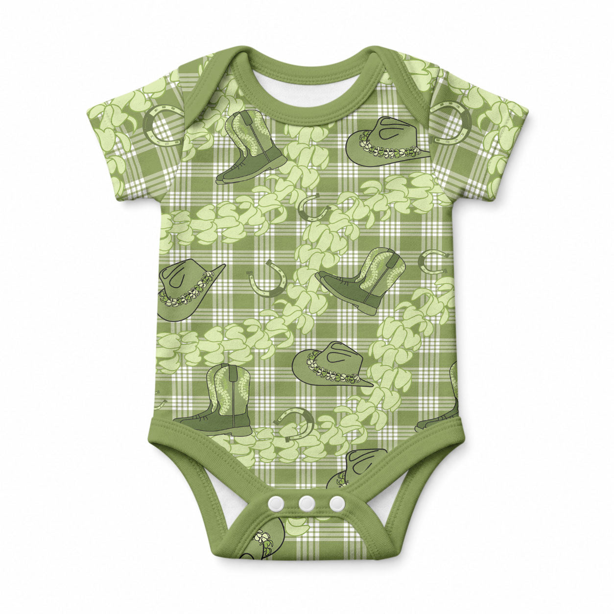 Lime Palaka Hawaii Cowboy Baby Onesie Puakenikeni Lei Paniolo Papale Seamless Vibes