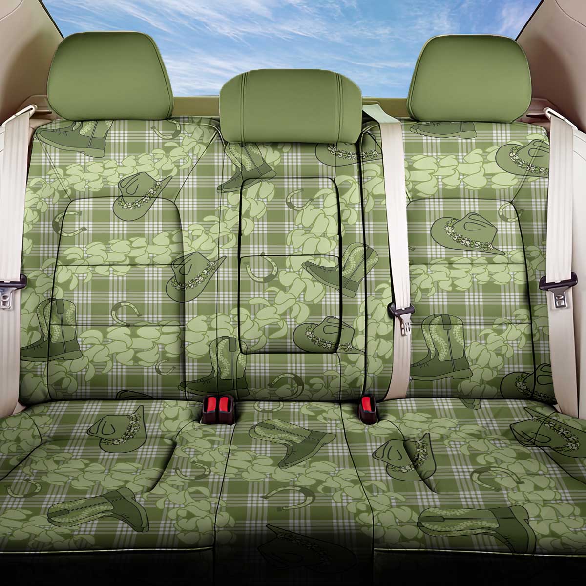 Lime Palaka Hawaii Cowboy Back Car Seat Cover Puakenikeni Lei Paniolo Papale Seamless Vibes - Polynesian Pride