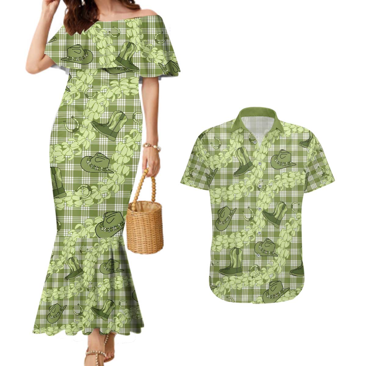 Lime Palaka Hawaii Cowboy Couples Matching Mermaid Dress and Hawaiian Shirt Puakenikeni Lei Paniolo Papale Seamless Vibes LT14 Lime - Polynesian Pride