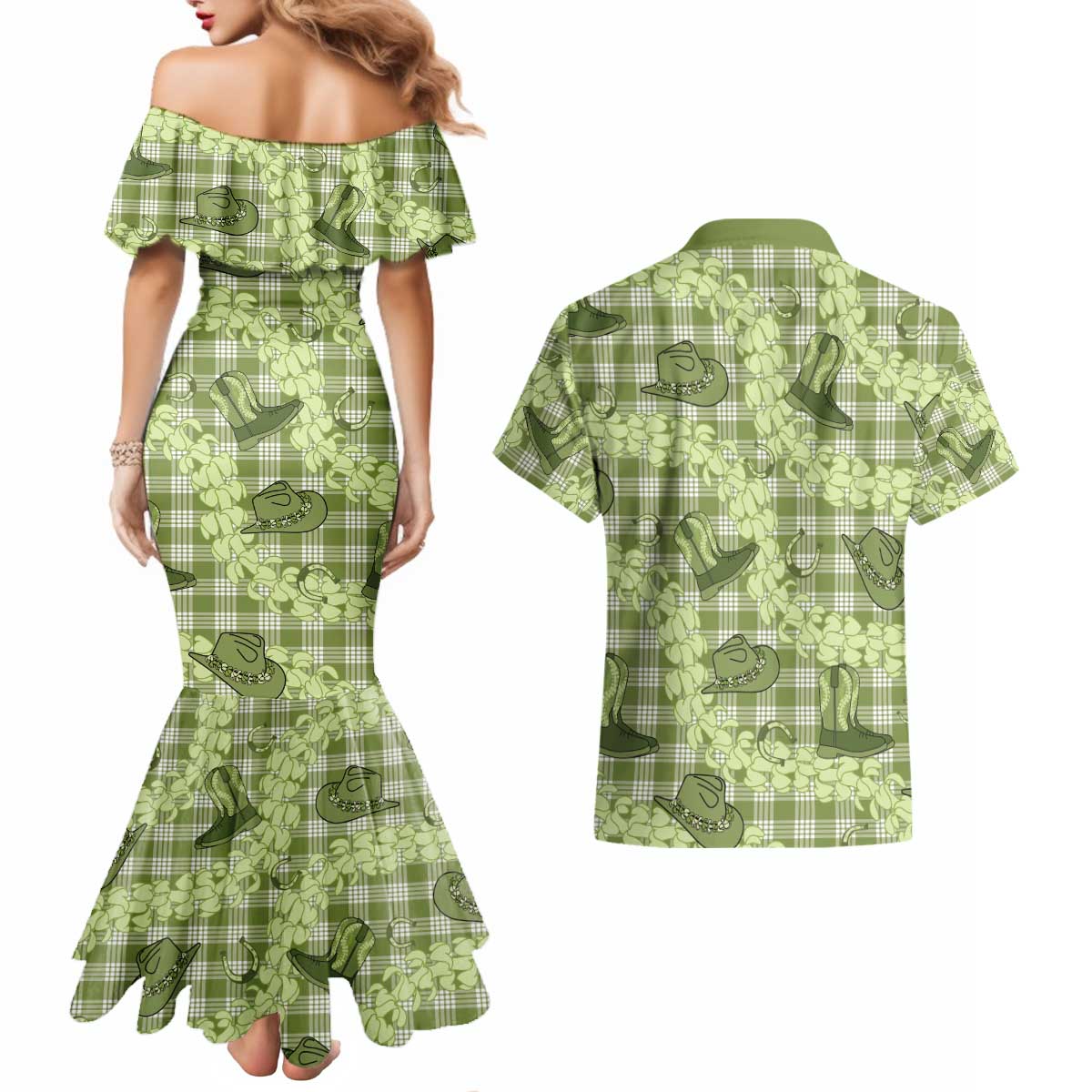 Lime Palaka Hawaii Cowboy Couples Matching Mermaid Dress and Hawaiian Shirt Puakenikeni Lei Paniolo Papale Seamless Vibes LT14 - Polynesian Pride