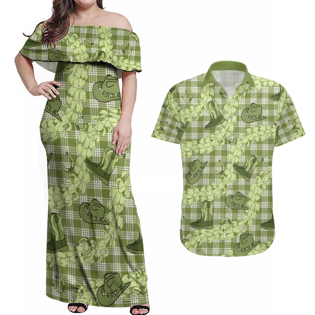 Lime Palaka Hawaii Cowboy Couples Matching Off Shoulder Maxi Dress and Hawaiian Shirt Puakenikeni Lei Paniolo Papale Seamless Vibes LT14 Lime - Polynesian Pride