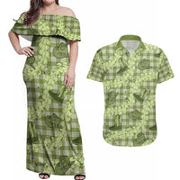 Lime Palaka Hawaii Cowboy Couples Matching Off Shoulder Maxi Dress and Hawaiian Shirt Puakenikeni Lei Paniolo Papale Seamless Vibes LT14 Lime - Polynesian Pride