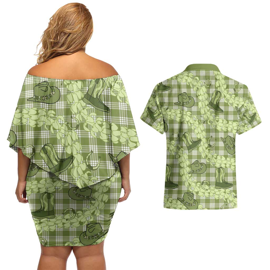Lime Palaka Hawaii Cowboy Couples Matching Off Shoulder Short Dress and Hawaiian Shirt Puakenikeni Lei Paniolo Papale Seamless Vibes LT14 - Polynesian Pride