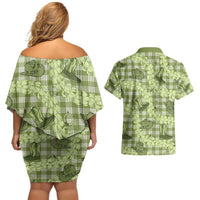Lime Palaka Hawaii Cowboy Couples Matching Off Shoulder Short Dress and Hawaiian Shirt Puakenikeni Lei Paniolo Papale Seamless Vibes LT14 - Polynesian Pride