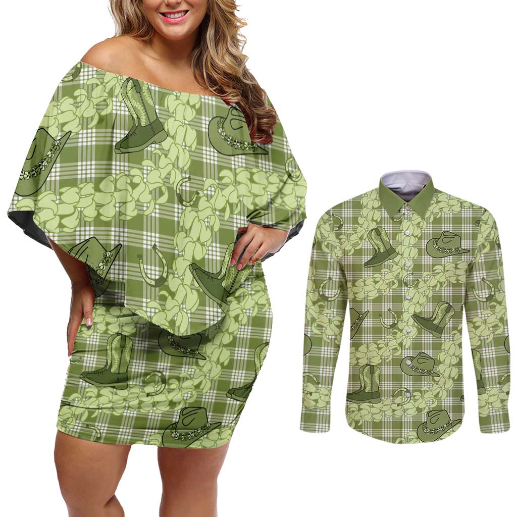 Lime Palaka Hawaii Cowboy Couples Matching Off Shoulder Short Dress and Long Sleeve Button Shirt Puakenikeni Lei Paniolo Papale Seamless Vibes LT14 Lime - Polynesian Pride