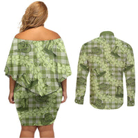 Lime Palaka Hawaii Cowboy Couples Matching Off Shoulder Short Dress and Long Sleeve Button Shirt Puakenikeni Lei Paniolo Papale Seamless Vibes LT14 - Polynesian Pride