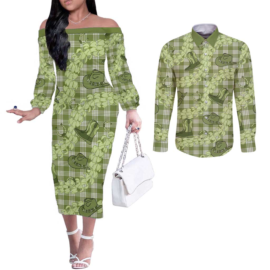 Lime Palaka Hawaii Cowboy Couples Matching Off The Shoulder Long Sleeve Dress and Long Sleeve Button Shirt Puakenikeni Lei Paniolo Papale Seamless Vibes LT14 Lime - Polynesian Pride