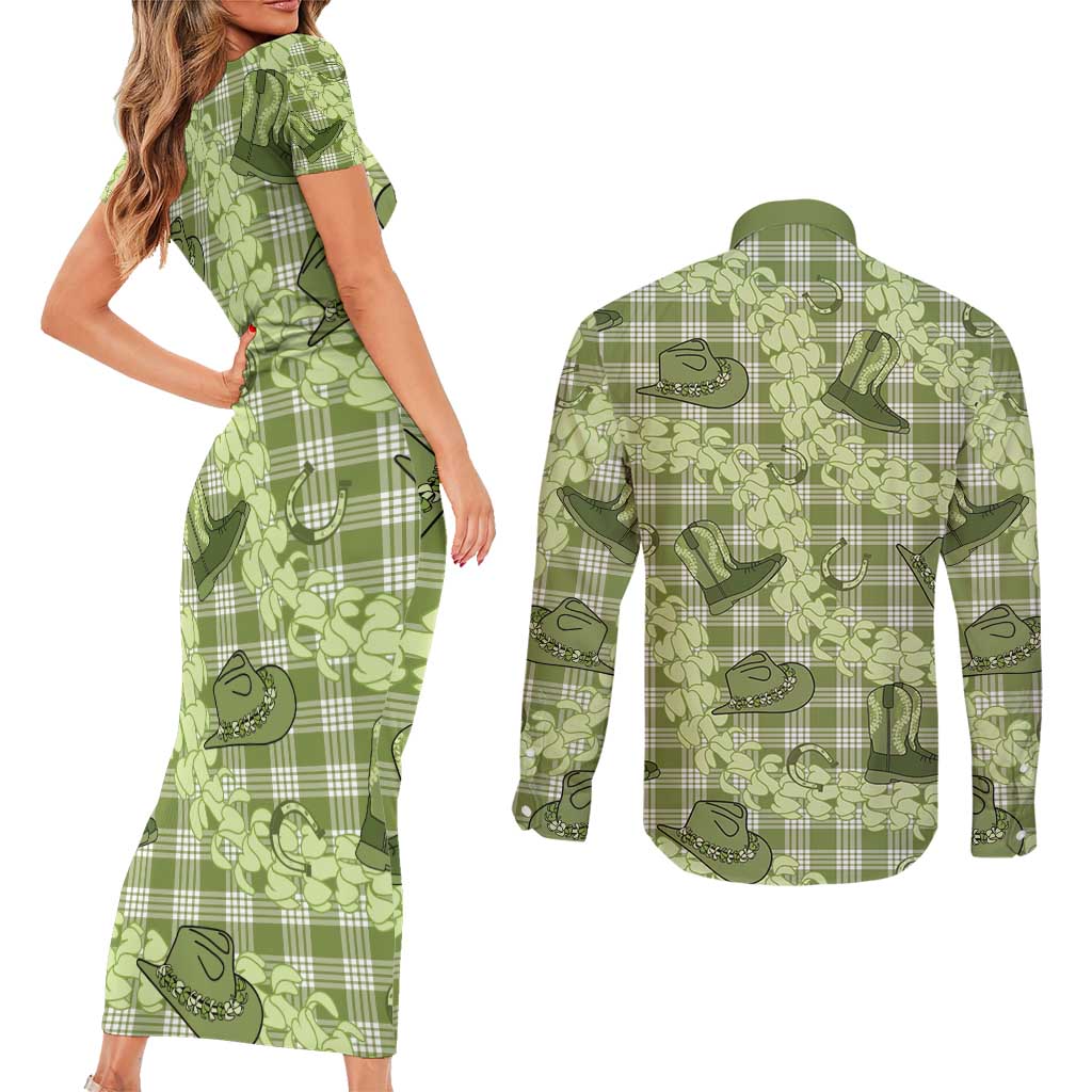 Lime Palaka Hawaii Cowboy Couples Matching Short Sleeve Bodycon Dress and Long Sleeve Button Shirt Puakenikeni Lei Paniolo Papale Seamless Vibes LT14 - Polynesian Pride