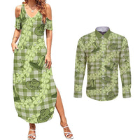 Lime Palaka Hawaii Cowboy Couples Matching Summer Maxi Dress and Long Sleeve Button Shirt Puakenikeni Lei Paniolo Papale Seamless Vibes LT14 Lime - Polynesian Pride