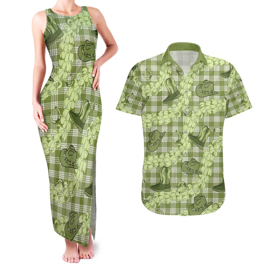 Lime Palaka Hawaii Cowboy Couples Matching Tank Maxi Dress and Hawaiian Shirt Puakenikeni Lei Paniolo Papale Seamless Vibes - Polynesian Pride