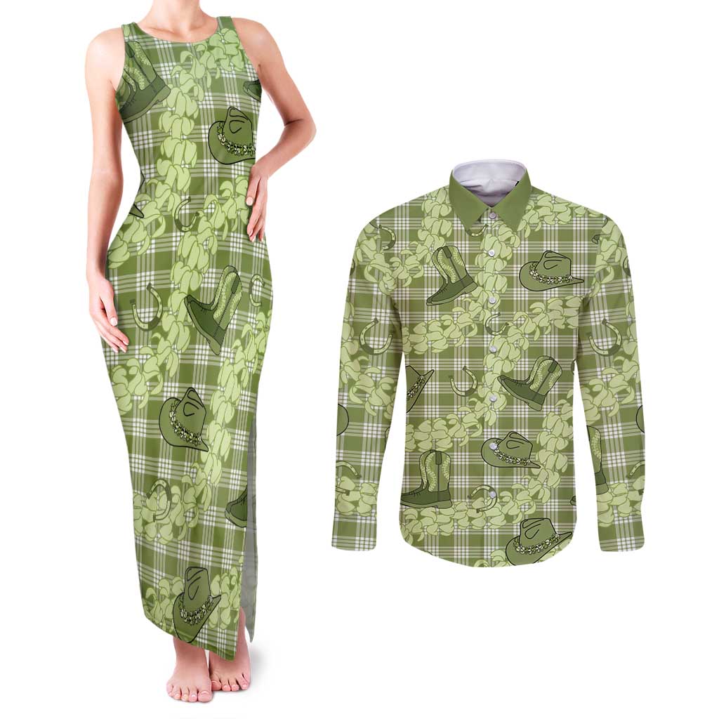 Lime Palaka Hawaii Cowboy Couples Matching Tank Maxi Dress and Long Sleeve Button Shirt Puakenikeni Lei Paniolo Papale Seamless Vibes - Polynesian Pride