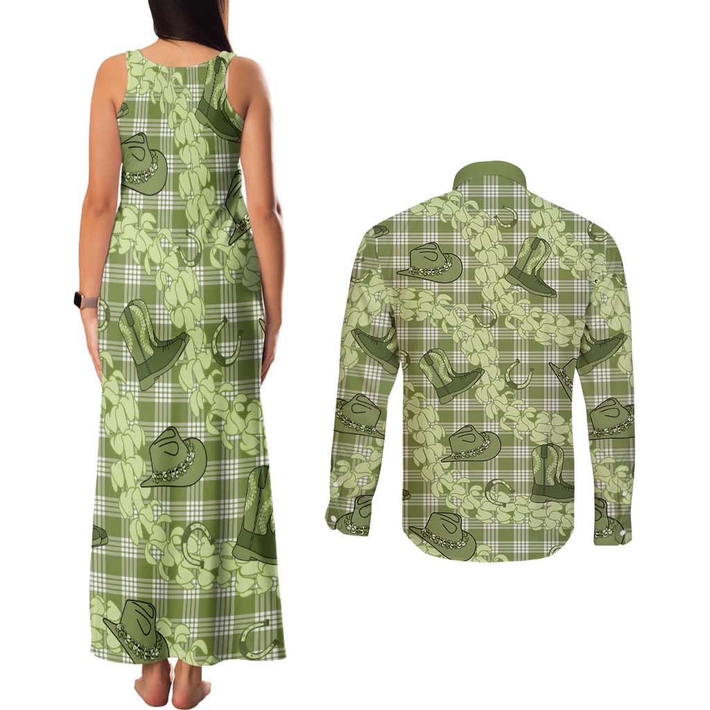 Lime Palaka Hawaii Cowboy Couples Matching Tank Maxi Dress and Long Sleeve Button Shirt Puakenikeni Lei Paniolo Papale Seamless Vibes LT14 - Polynesian Pride