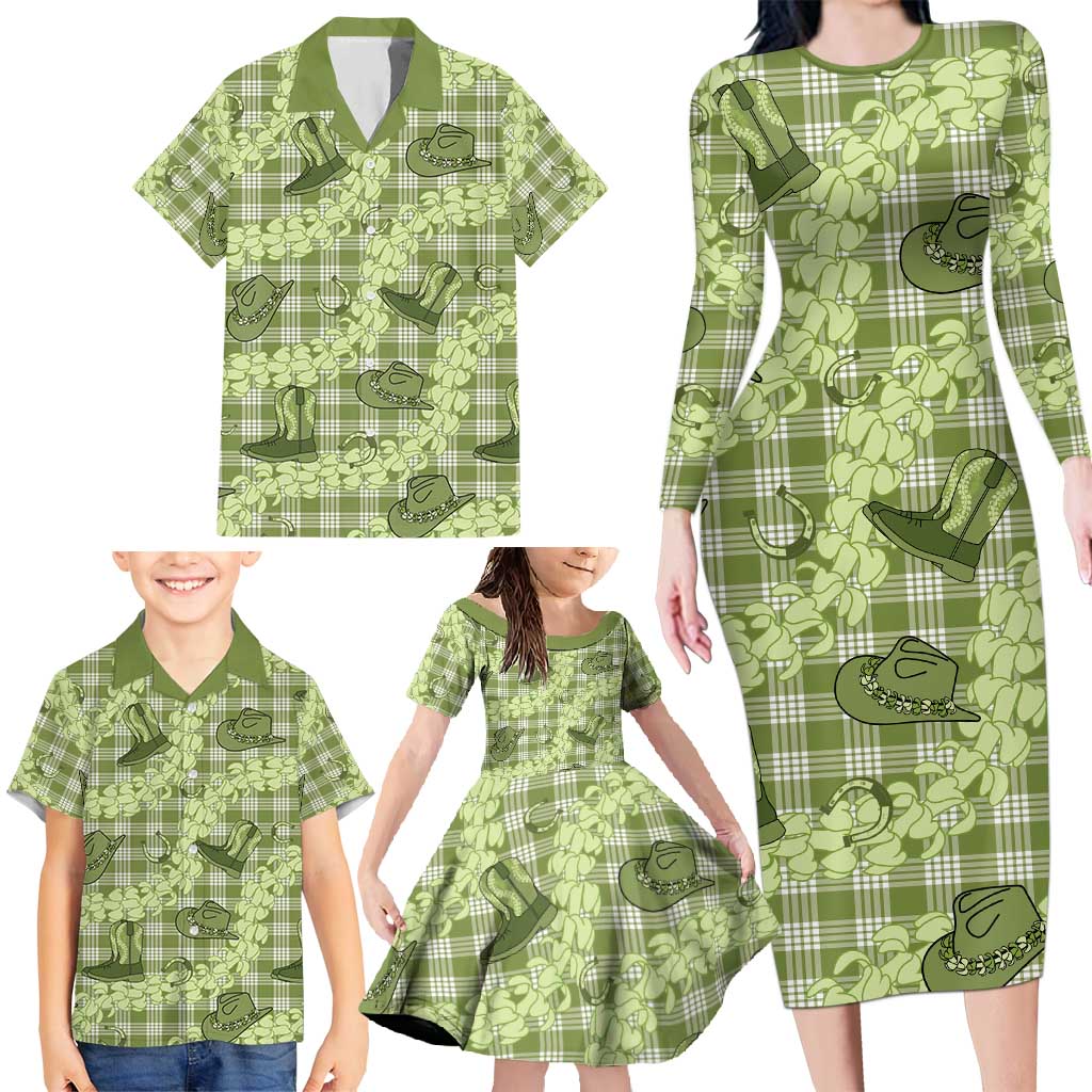 Lime Palaka Hawaii Cowboy Family Matching Long Sleeve Bodycon Dress and Hawaiian Shirt Puakenikeni Lei Paniolo Papale Seamless Vibes LT14 - Polynesian Pride