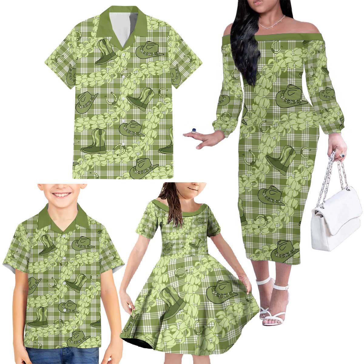 Lime Palaka Hawaii Cowboy Family Matching Off The Shoulder Long Sleeve Dress and Hawaiian Shirt Puakenikeni Lei Paniolo Papale Seamless Vibes LT14 - Polynesian Pride
