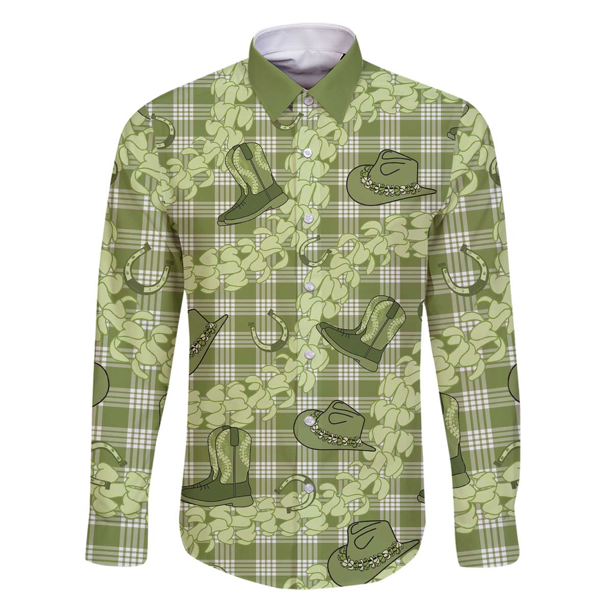 Lime Palaka Hawaii Cowboy Family Matching Off The Shoulder Long Sleeve Dress and Hawaiian Shirt Puakenikeni Lei Paniolo Papale Seamless Vibes LT14 Dad's Shirt - Long Sleeve Lime - Polynesian Pride