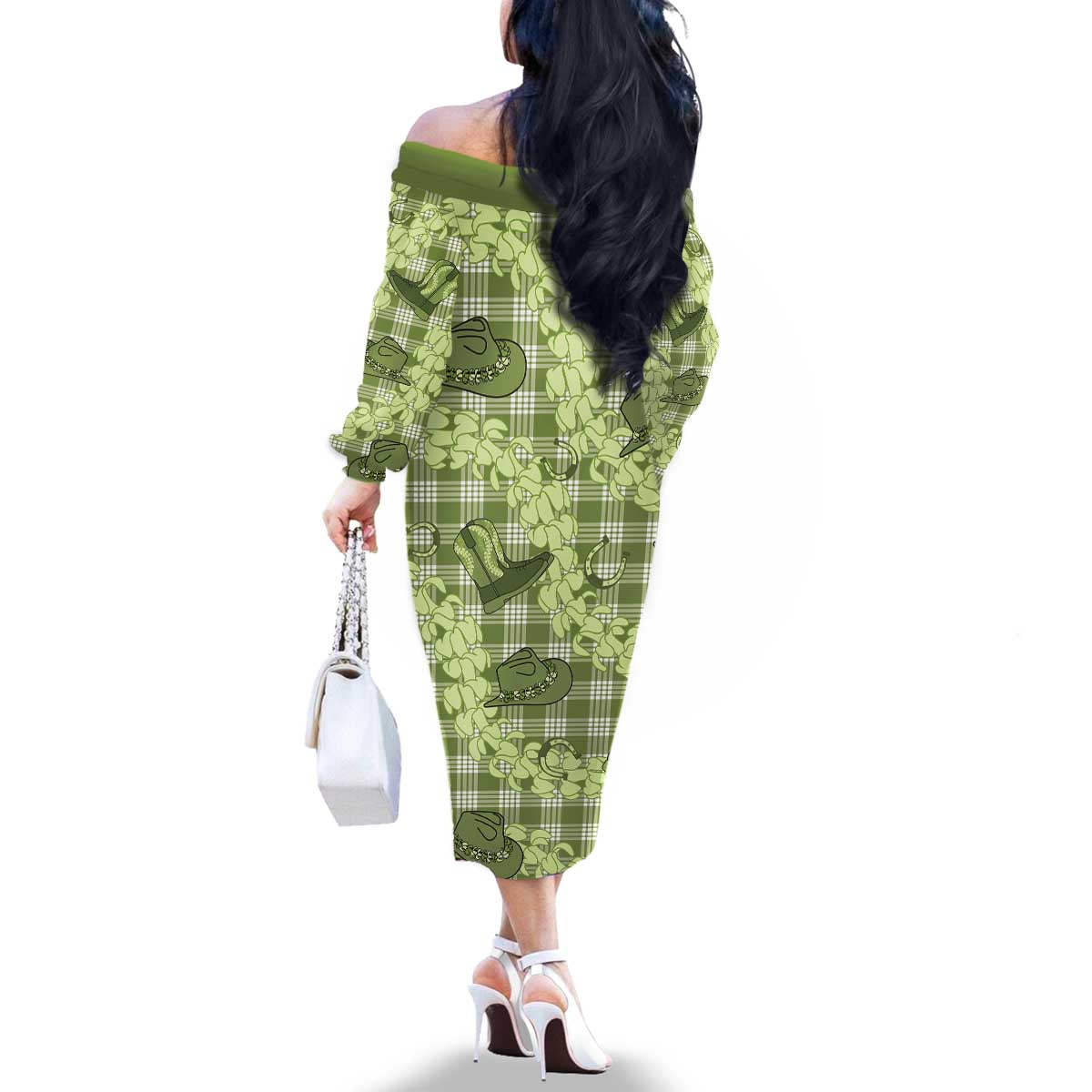 Lime Palaka Hawaii Cowboy Family Matching Off The Shoulder Long Sleeve Dress and Hawaiian Shirt Puakenikeni Lei Paniolo Papale Seamless Vibes LT14 - Polynesian Pride
