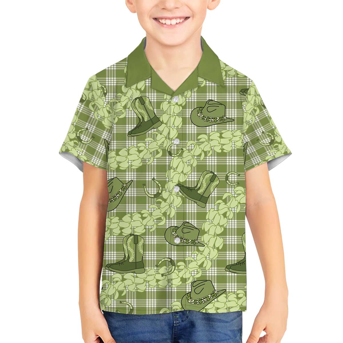 Lime Palaka Hawaii Cowboy Family Matching Off The Shoulder Long Sleeve Dress and Hawaiian Shirt Puakenikeni Lei Paniolo Papale Seamless Vibes LT14 Son's Shirt Lime - Polynesian Pride