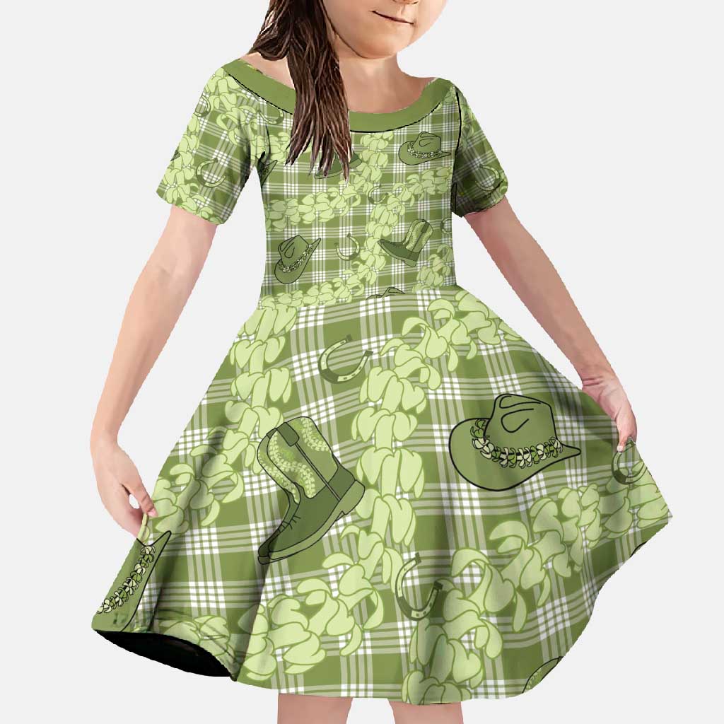 Lime Palaka Hawaii Cowboy Family Matching Off Shoulder Maxi Dress and Hawaiian Shirt Puakenikeni Lei Paniolo Papale Seamless Vibes LT14 Daughter's Dress Lime - Polynesian Pride