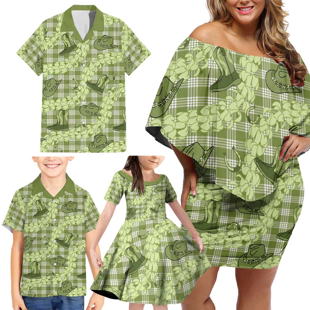 Lime Palaka Hawaii Cowboy Family Matching Off Shoulder Short Dress and Hawaiian Shirt Puakenikeni Lei Paniolo Papale Seamless Vibes LT14 - Polynesian Pride