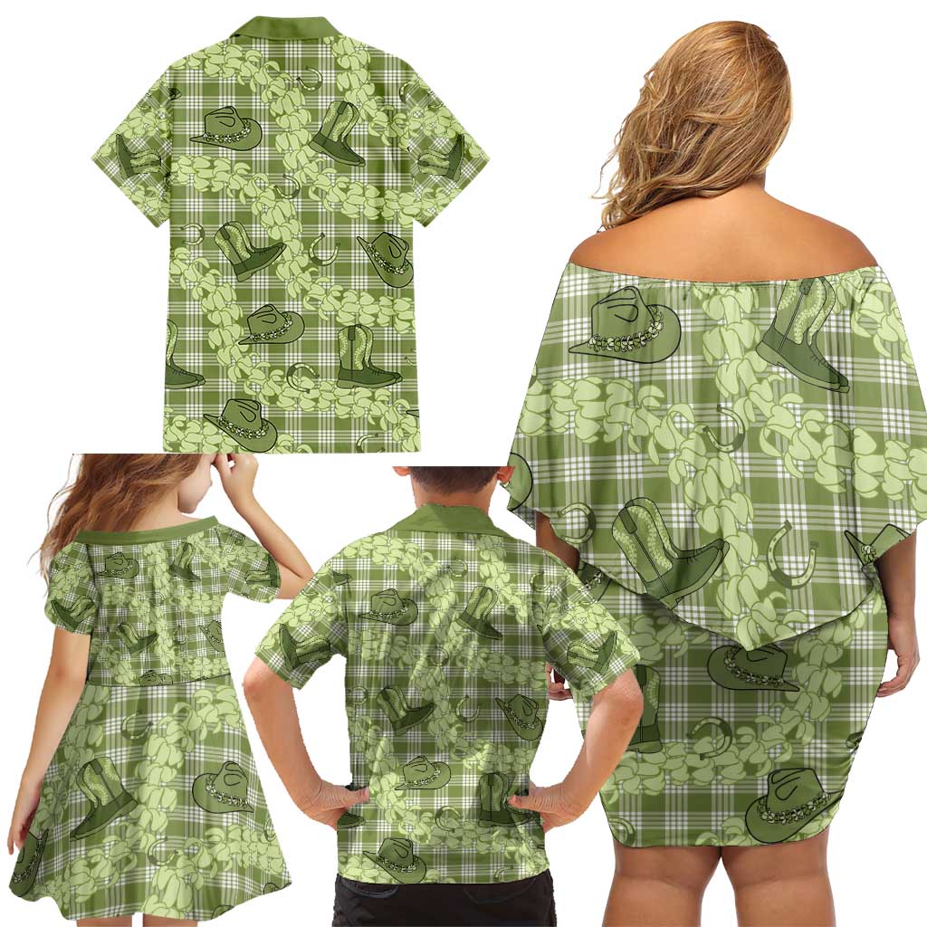 Lime Palaka Hawaii Cowboy Family Matching Off Shoulder Short Dress and Hawaiian Shirt Puakenikeni Lei Paniolo Papale Seamless Vibes LT14 - Polynesian Pride