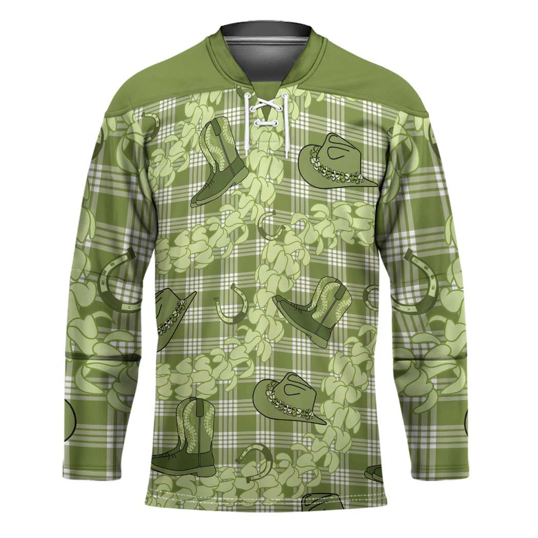 Lime Palaka Hawaii Cowboy Hockey Jersey Puakenikeni Lei Paniolo Papale Seamless Vibes - Polynesian Pride