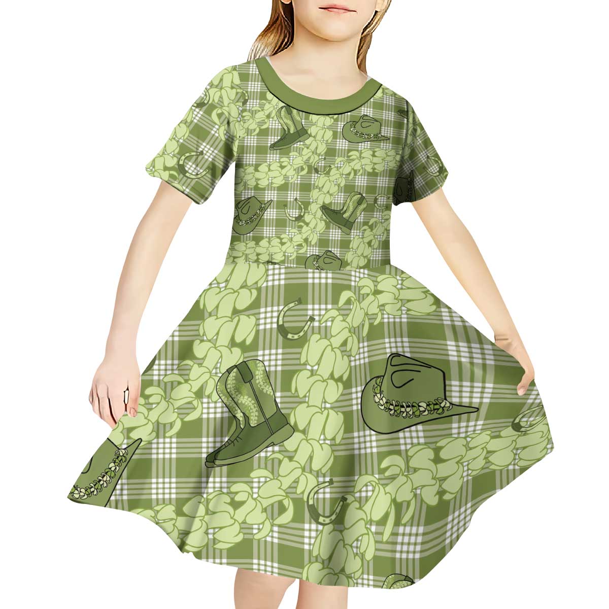 Lime Palaka Hawaii Cowboy Kid Short Sleeve Dress Puakenikeni Lei Paniolo Papale Seamless Vibes LT14 - Polynesian Pride