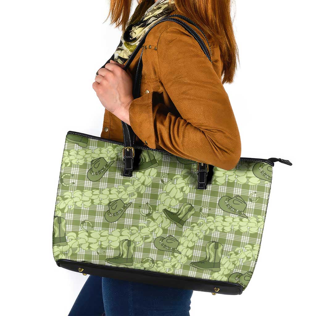 Lime Palaka Hawaii Cowboy Leather Tote Bag Puakenikeni Lei Paniolo Papale Seamless Vibes LT14 Lime - Polynesian Pride