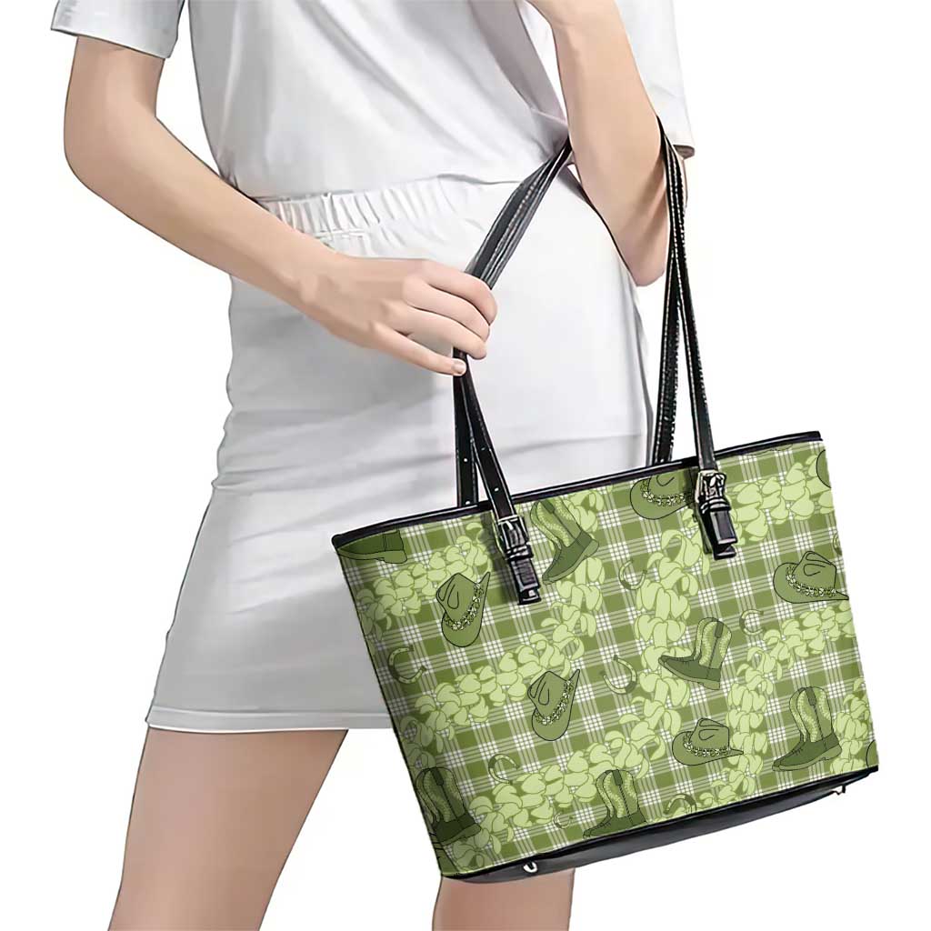 Lime Palaka Hawaii Cowboy Leather Tote Bag Puakenikeni Lei Paniolo Papale Seamless Vibes LT14 - Polynesian Pride
