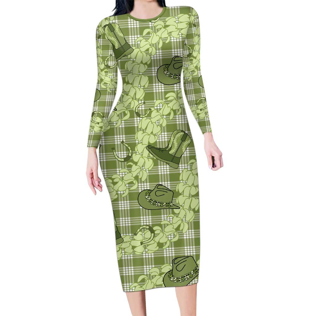Lime Palaka Hawaii Cowboy Long Sleeve Bodycon Dress Puakenikeni Lei Paniolo Papale Seamless Vibes - Polynesian Pride