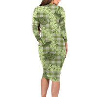 Lime Palaka Hawaii Cowboy Long Sleeve Bodycon Dress Puakenikeni Lei Paniolo Papale Seamless Vibes LT14 - Polynesian Pride