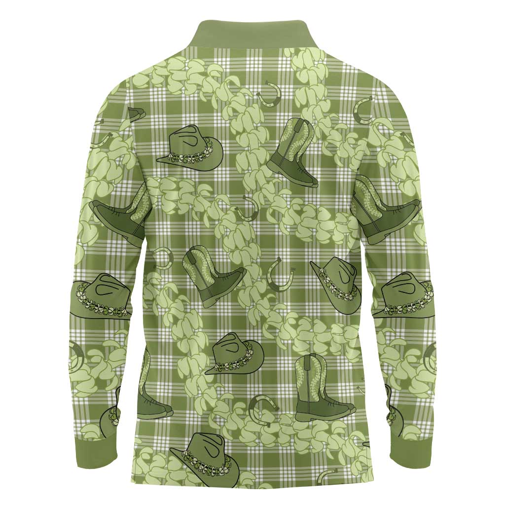 Lime Palaka Hawaii Cowboy Long Sleeve Polo Shirt Puakenikeni Lei Paniolo Papale Seamless Vibes LT14 - Polynesian Pride