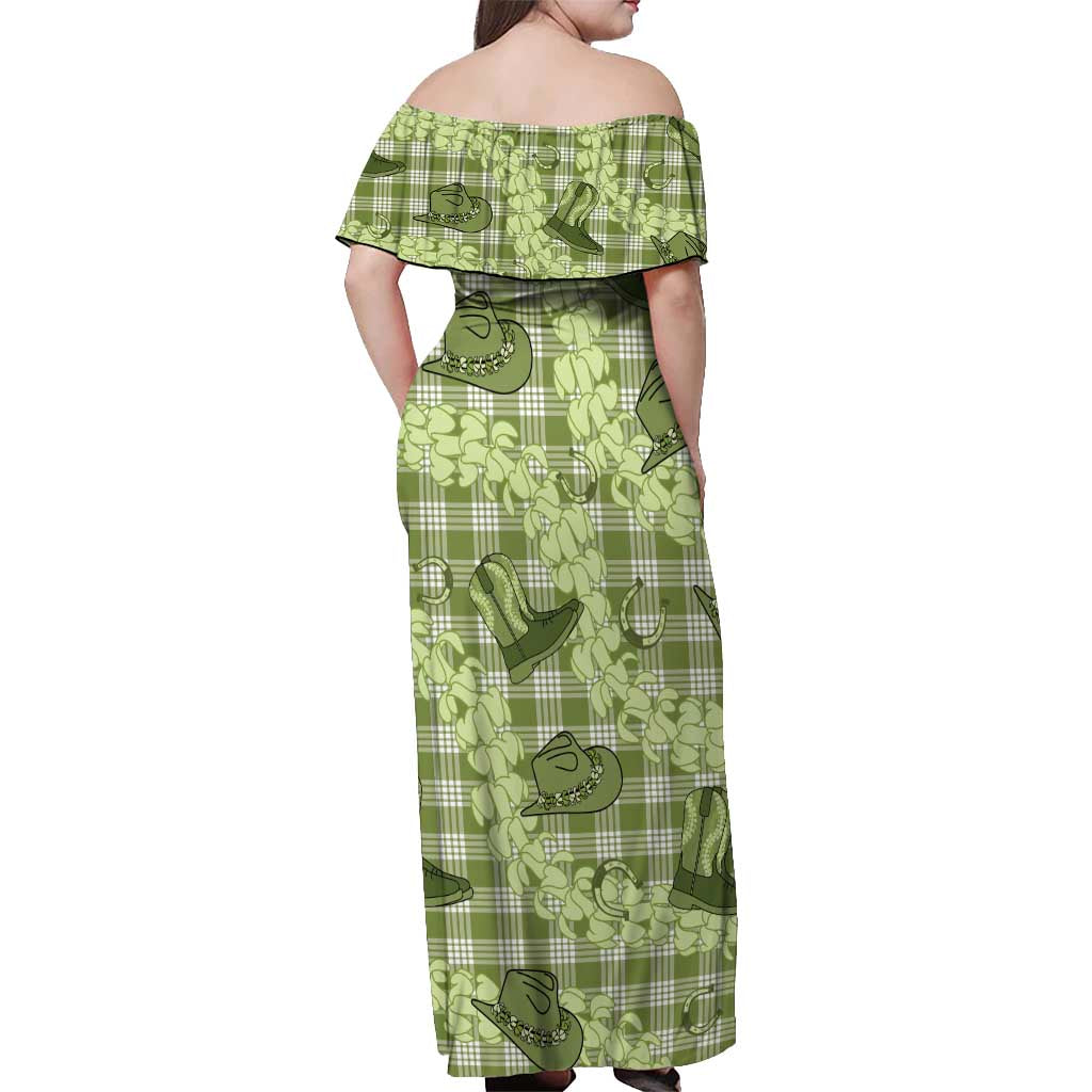 Lime Palaka Hawaii Cowboy Off Shoulder Maxi Dress Puakenikeni Lei Paniolo Papale Seamless Vibes LT14 - Polynesian Pride