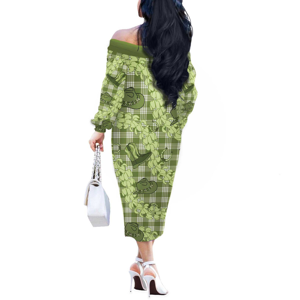 Lime Palaka Hawaii Cowboy Off The Shoulder Long Sleeve Dress Puakenikeni Lei Paniolo Papale Seamless Vibes LT14 - Polynesian Pride