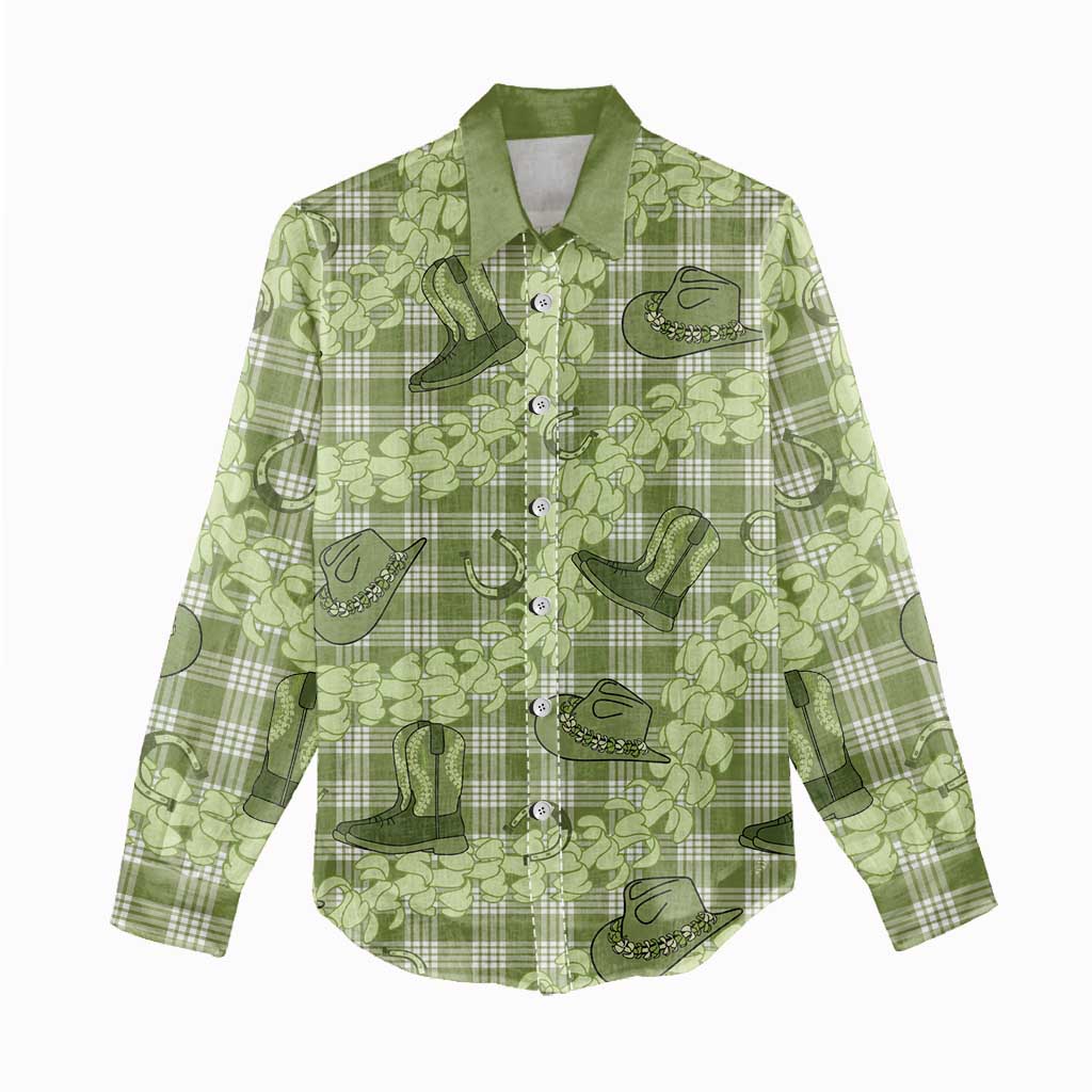 Lime Palaka Hawaii Cowboy Women Casual Shirt Puakenikeni Lei Paniolo Papale Seamless Vibes - Polynesian Pride