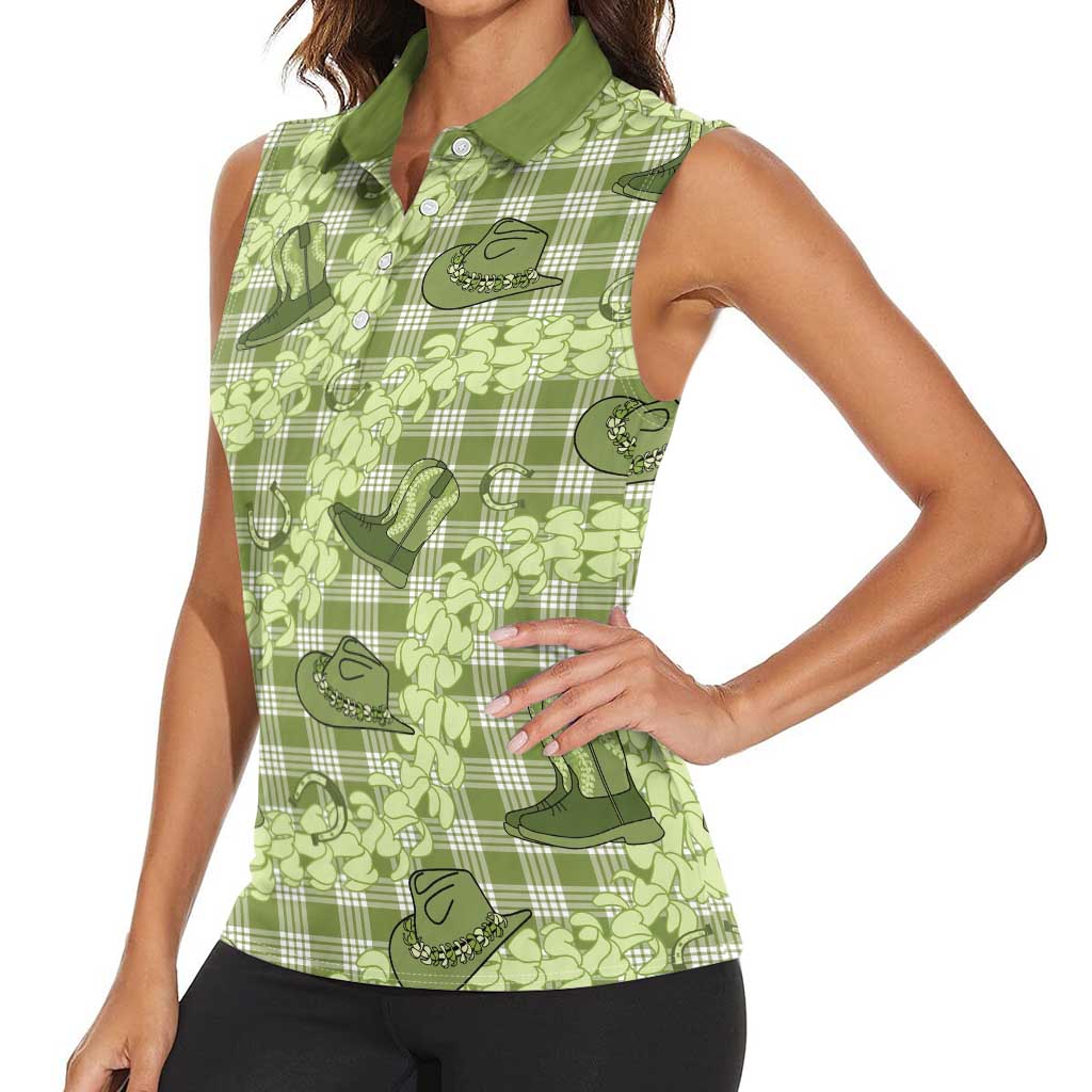 Lime Palaka Hawaii Cowboy Women Sleeveless Polo Shirt Puakenikeni Lei Paniolo Papale Seamless Vibes LT14 - Polynesian Pride