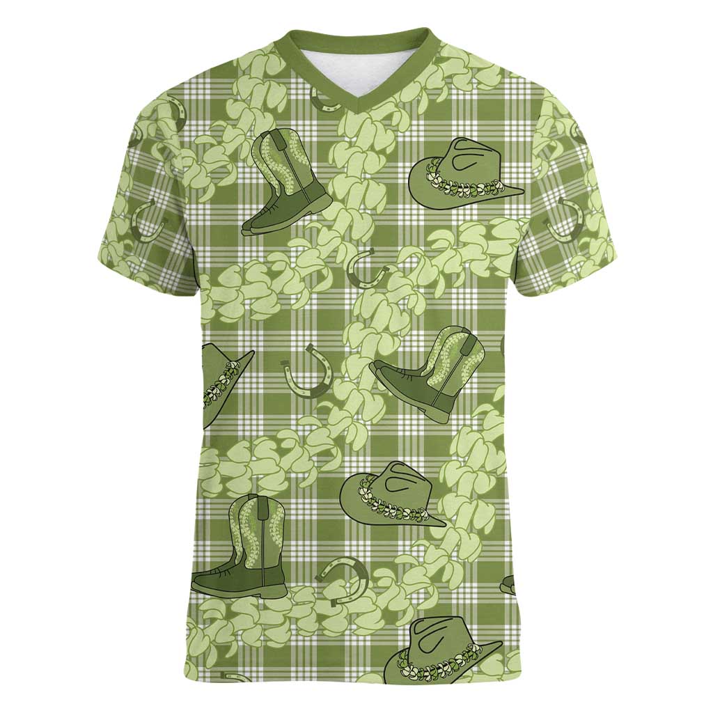 Lime Palaka Hawaii Cowboy Women V-Neck T-Shirt Puakenikeni Lei Paniolo Papale Seamless Vibes LT14 Female Lime - Polynesian Pride