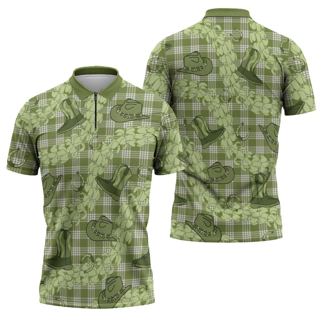 Lime Palaka Hawaii Cowboy Zipper Polo Shirt Puakenikeni Lei Paniolo Papale Seamless Vibes LT14 - Polynesian Pride