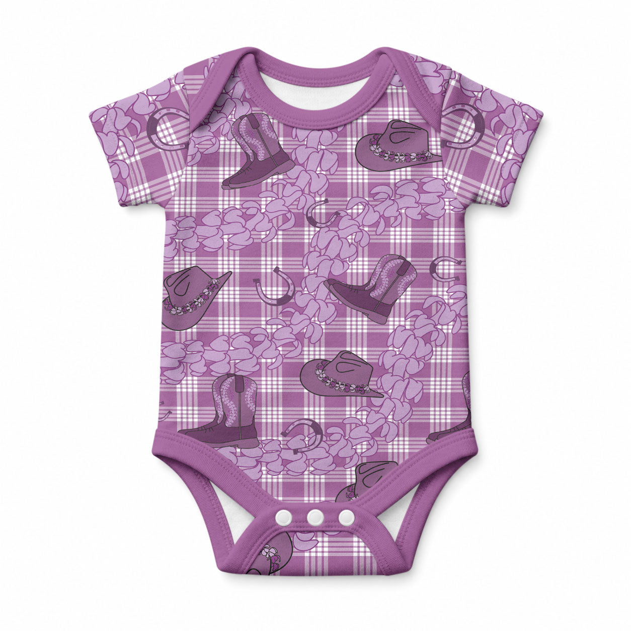 Purple Palaka Hawaii Cowboy Baby Onesie Puakenikeni Lei Paniolo Papale Seamless Vibes