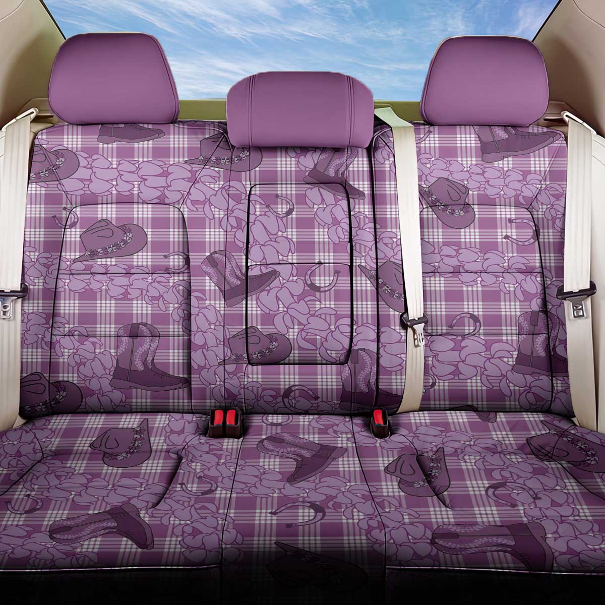 Purple Palaka Hawaii Cowboy Back Car Seat Cover Puakenikeni Lei Paniolo Papale Seamless Vibes - Polynesian Pride