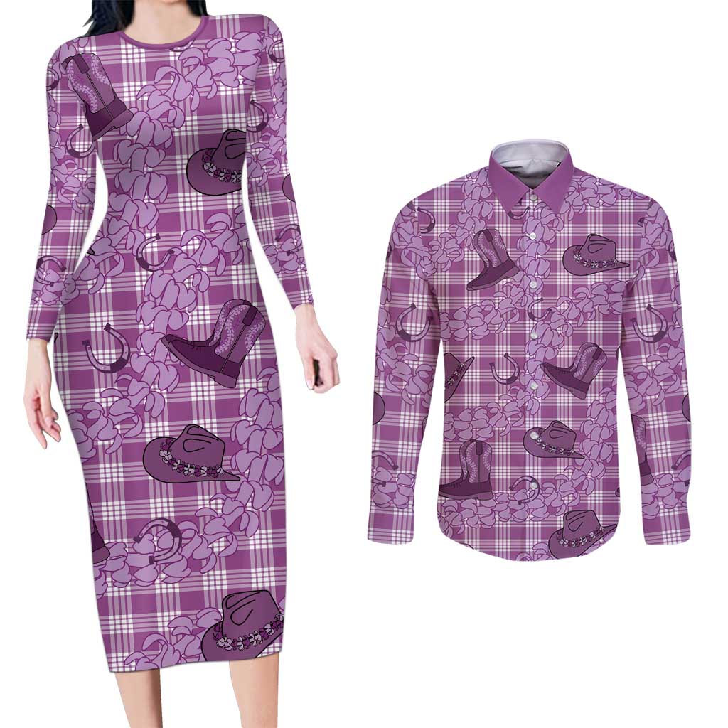 Purple Palaka Hawaii Cowboy Couples Matching Long Sleeve Bodycon Dress and Long Sleeve Button Shirt Puakenikeni Lei Paniolo Papale Seamless Vibes LT14 Purple - Polynesian Pride