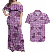 Purple Palaka Hawaii Cowboy Couples Matching Off Shoulder Maxi Dress and Hawaiian Shirt Puakenikeni Lei Paniolo Papale Seamless Vibes LT14 Purple - Polynesian Pride