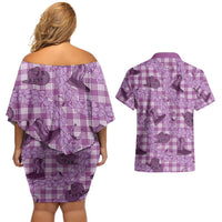 Purple Palaka Hawaii Cowboy Couples Matching Off Shoulder Short Dress and Hawaiian Shirt Puakenikeni Lei Paniolo Papale Seamless Vibes LT14 - Polynesian Pride