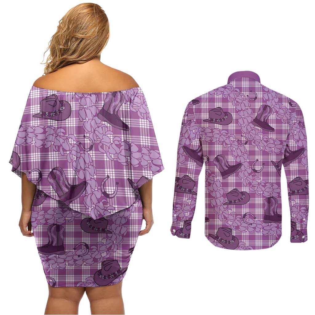 Purple Palaka Hawaii Cowboy Couples Matching Off Shoulder Short Dress and Long Sleeve Button Shirt Puakenikeni Lei Paniolo Papale Seamless Vibes LT14 - Polynesian Pride
