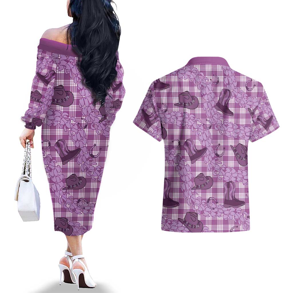 Purple Palaka Hawaii Cowboy Couples Matching Off The Shoulder Long Sleeve Dress and Hawaiian Shirt Puakenikeni Lei Paniolo Papale Seamless Vibes LT14 - Polynesian Pride