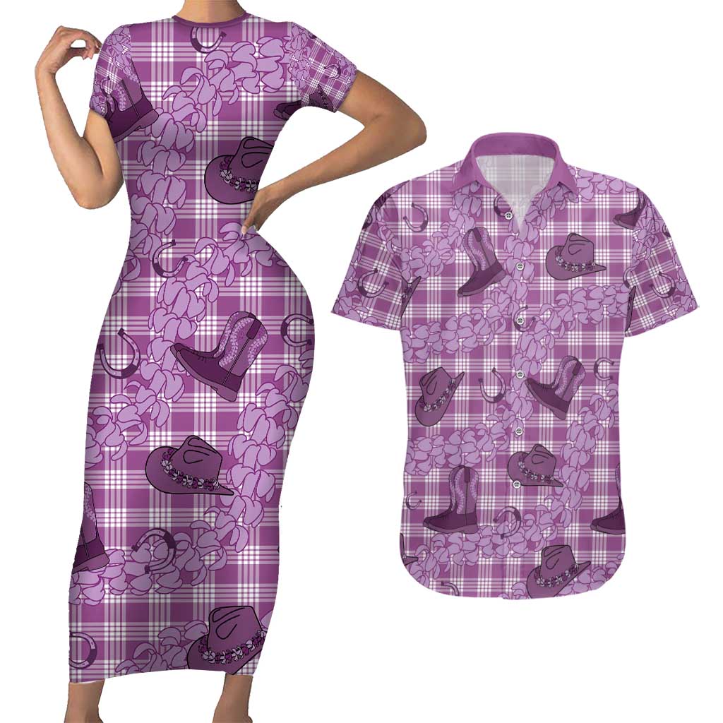 Purple Palaka Hawaii Cowboy Couples Matching Short Sleeve Bodycon Dress and Hawaiian Shirt Puakenikeni Lei Paniolo Papale Seamless Vibes LT14 Purple - Polynesian Pride