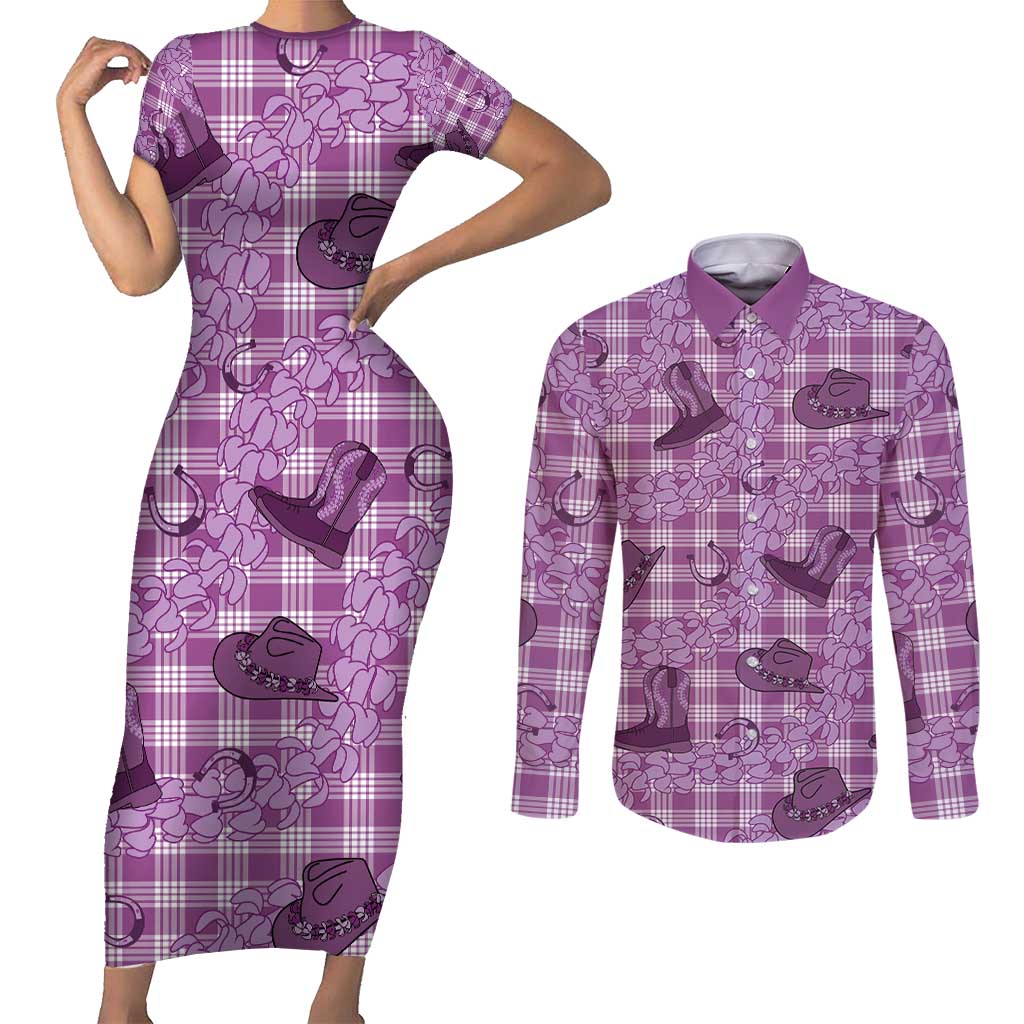 Purple Palaka Hawaii Cowboy Couples Matching Short Sleeve Bodycon Dress and Long Sleeve Button Shirt Puakenikeni Lei Paniolo Papale Seamless Vibes LT14 Purple - Polynesian Pride