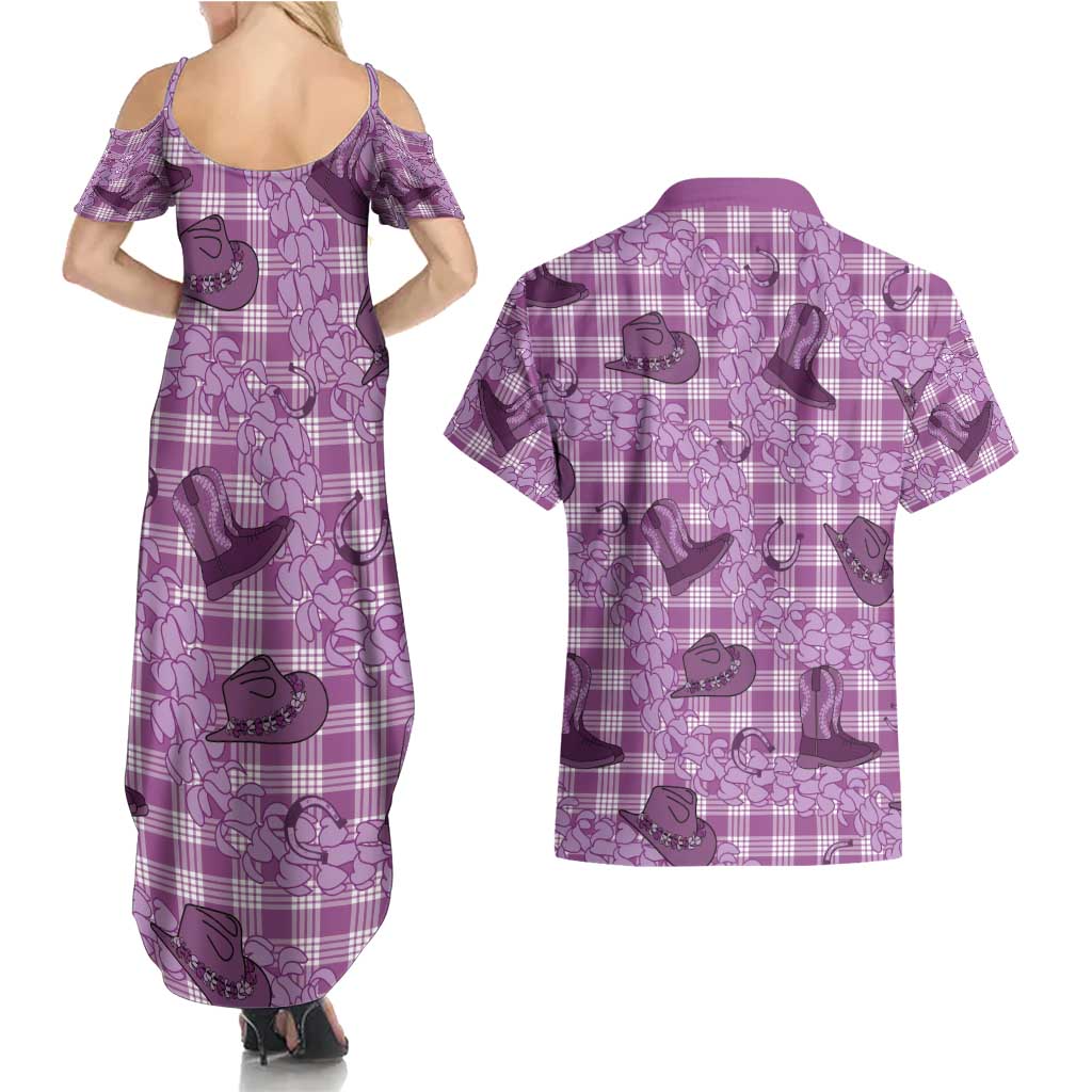 Purple Palaka Hawaii Cowboy Couples Matching Summer Maxi Dress and Hawaiian Shirt Puakenikeni Lei Paniolo Papale Seamless Vibes LT14 - Polynesian Pride